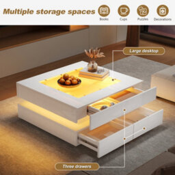 White High Gloss Coffee Table With 3 Drawers, Glass Top & Led Lights - thumbnail 8