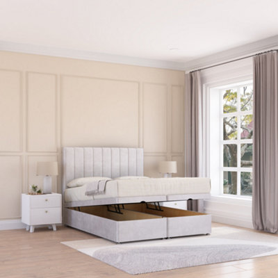Sloomy Kansas End Lift Ottoman Bed 6Ft With Sprung Memory Mattress - Silver Plush & Headboard- Super King