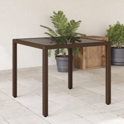 Berkfield Garden Table With Glass Top Brown 90X90X75 Cm Poly Rattan