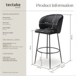 Tectake Bar Stool Luana - With Backrest, Velvet Look And Padded - Black/black, Set Of 4 - thumbnail 6
