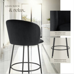Tectake Bar Stool Luana - With Backrest, Velvet Look And Padded - Black/black, Set Of 4 - thumbnail 4