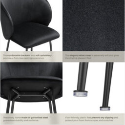 Tectake Bar Stool Luana - With Backrest, Velvet Look And Padded - Black/black, Set Of 4 - thumbnail 5