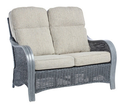 Desser Turin Grey 2 Seater Conservatory Sofa Real Cane Natural Rattan Indoor Settee With Uk Sewn Cushion In Pebble Fabric - image 1