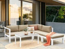 Beliani Garden Corner Sofa With Table 5 Seater Messina Left Hand Metal Sand Beige - thumbnail 2