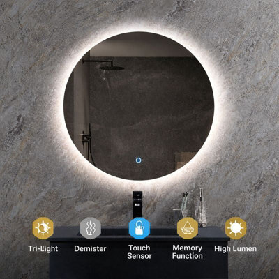 Lumora 600mm Round Backlit Led Bathroom Mirror Tri Colour Dimmable Touch Sensor Demister Mains Powered - image 1