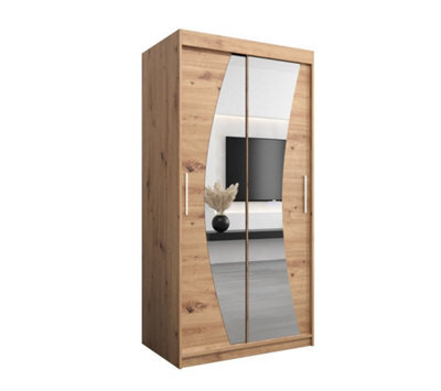 Arte Wave Contemporary 2 Mirrored Sliding Door Wardrobe 5 Shelves 2 Rails Oak Artisan Effect (H)2000mm (W)1000mm (D)620mm - image 1