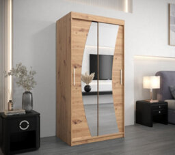 Arte Wave Contemporary 2 Mirrored Sliding Door Wardrobe 5 Shelves 2 Rails Oak Artisan Effect (H)2000mm (W)1000mm (D)620mm - thumbnail 2