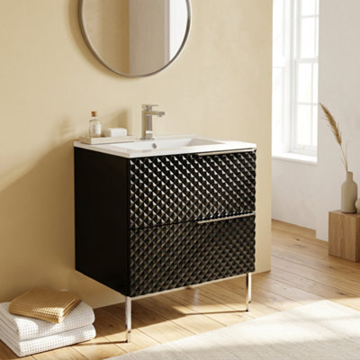Bathroom City Elvia 600mm Black Vanity Unit With White Ceramic Basin - Diamond Front Sink Cabinet, 2 Soft-Close Drawers - Chrome Handle - image 1