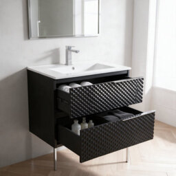 Bathroom City Elvia 600mm Black Vanity Unit With White Ceramic Basin - Diamond Front Sink Cabinet, 2 Soft-Close Drawers - Chrome Handle - thumbnail 2