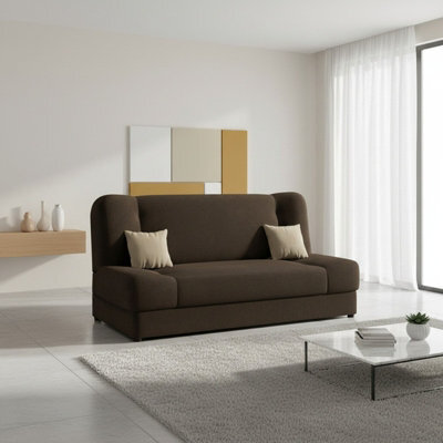 Living Room Sofa Jonas With Click Clack Sleeping Function Storage And Wooden Frame Brown And Beige Pillows - image 1