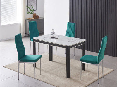 Furnizone UK Milano 4-Seater White Marble-Effect Glass Dining Table And 4 Monza Green Velvet Chairs - image 1