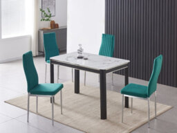 Furnizone UK Milano 4-Seater White Marble-Effect Glass Dining Table And 4 Monza Green Velvet Chairs