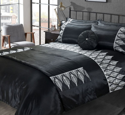 Homes & Linen Mabel Black Duvet Cover Set With Silver Sequin Leaf Design Luxury Polyester Bedding - image 1