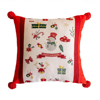 Amorly 18X18In Christmas Cushion Cover, Snowman Festive Print Throw Pillow Case With Corner Pom Poms For Sofa Decor, Inserts Not Included - image 1