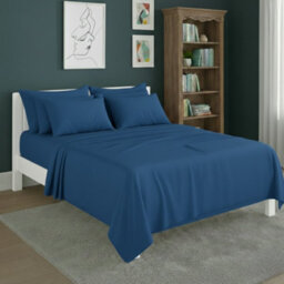 Plain Poly Cotton Easy Care Fitted Flat Sheet Matching Pillowcases Set Mid Blue - thumbnail 1