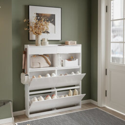 Sobuy Shoe Cabinet With 2 Drawers 4 Flip Doors Led Light 38.6X7.5X47.2 Inch Fsr224-E-W - White - thumbnail 4
