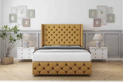 "Comfort Emily Mustard Plush Divan Bed Set No Drawers - 54"" Wingback & 12"" Footboard 4' Small Double" - image 1