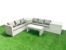 Fimous 6 Seater Garden Outdoor Rattan Furniture Set Rattan Garden Sofa Oblong Coffee Table 2 Side Tables Light Grey - thumbnail 2