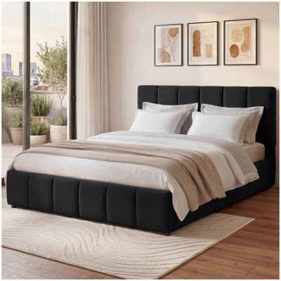 Tectake Upholstered Bed Set With Mattress, 2 Firmness Levels, 250 Kg 180 X 200 Cm - 30 Cm - Velvet Look Black - image 1