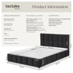 Tectake Upholstered Bed Set With Mattress, 2 Firmness Levels, 250 Kg 180 X 200 Cm -  30 Cm -  Velvet Look Black - thumbnail 6