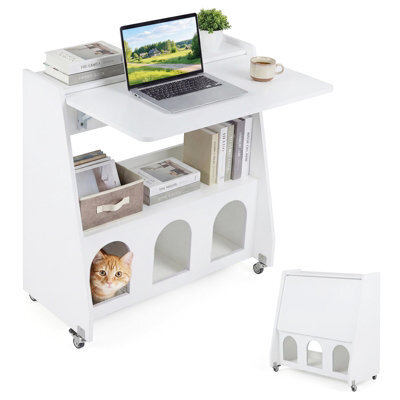 Costway Folding Desk On Wheels Convertible Drop Leaf Writing Desk With Storage Shelves & Compartments White - image 1