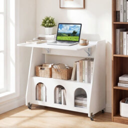 Costway Folding Desk On Wheels Convertible Drop Leaf Writing Desk With Storage Shelves & Compartments White - thumbnail 3