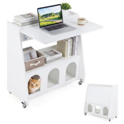 Costway Folding Desk On Wheels Convertible Drop Leaf Writing Desk With Storage Shelves & Compartments White - thumbnail 1