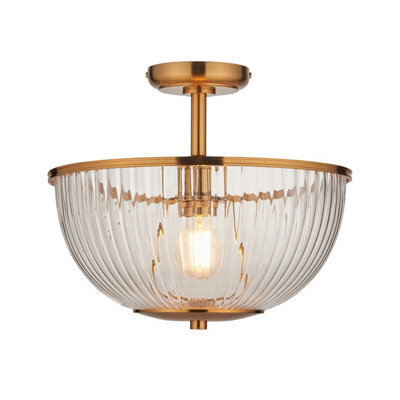 Luminosa Lighting Luminosa Somerset Bowl Semi Flush Ceiling Light Vintage Brass Finish & Clear Ribbed Glass E27 - image 1