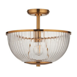 Luminosa Lighting Luminosa Somerset Bowl Semi Flush Ceiling Light Vintage Brass Finish & Clear Ribbed Glass E27 - thumbnail 7
