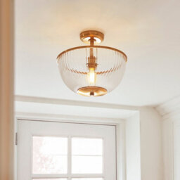 Luminosa Lighting Luminosa Somerset Bowl Semi Flush Ceiling Light Vintage Brass Finish & Clear Ribbed Glass E27 - thumbnail 2