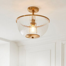 Luminosa Lighting Luminosa Somerset Bowl Semi Flush Ceiling Light Vintage Brass Finish & Clear Ribbed Glass E27 - thumbnail 4