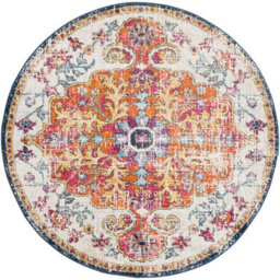 Livabliss Round Harput-Vintage Blue Orange Yellow Grey Traditional Boho Living Dining Bedroom Rug 120 X 120 Cm Easy Care, Non Shedding