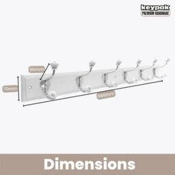 Keypak 6-Hook Wall-Mounted Coat Rack, 68Cm - White Board, Ceramic Tip Coat Hooks - thumbnail 4
