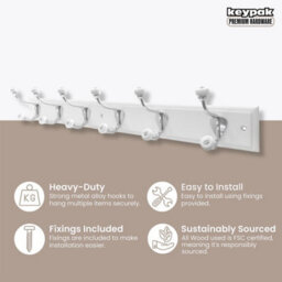 Keypak 6-Hook Wall-Mounted Coat Rack, 68Cm - White Board, Ceramic Tip Coat Hooks - thumbnail 3