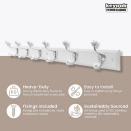 Keypak 6-Hook Wall-Mounted Coat Rack, 68Cm - White Board, Ceramic Tip Coat Hooks - thumbnail 7