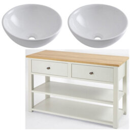 Homestylestore 1215mm Antique White And Oak Bathroom Vanity Unit With Round Countertop Basins And Bronze Round Handles