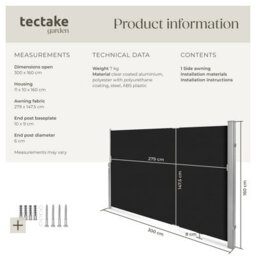 Tectake Retractable Aluminum Side Awning With Roll-Up Mechanism 160 X 300 Cm - Black - thumbnail 6