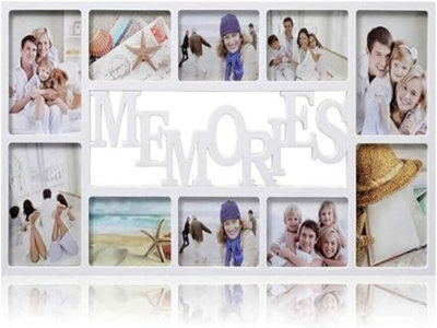 Deenz Multi-Picture Photo 6X4'' & 7X5'' Frame 10 Apertures 'memories' Text Gift Idea Display Wall Hanging 71 X 36 X 3 Cm (White)