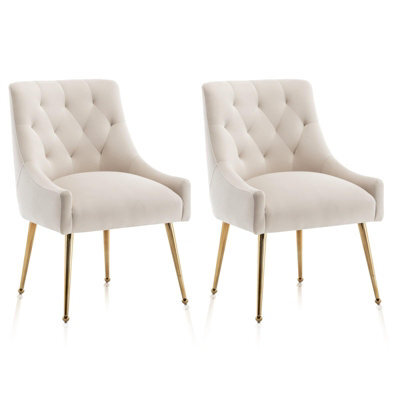 Seynar Velvet Tufted Dining Chairs With Gold Legs Set Of 2, Beige, Upholstered For Living Or Study Room - image 1