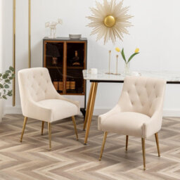 Seynar Velvet Tufted Dining Chairs With Gold Legs Set Of 2, Beige, Upholstered For Living Or Study Room - thumbnail 2
