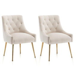 Seynar Velvet Tufted Dining Chairs With Gold Legs Set Of 2, Beige, Upholstered For Living Or Study Room - thumbnail 1