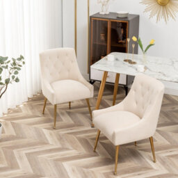 Seynar Velvet Tufted Dining Chairs With Gold Legs Set Of 2, Beige, Upholstered For Living Or Study Room - thumbnail 6