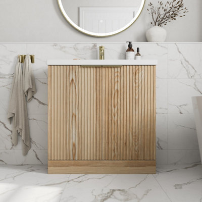 Affine Fluted 800mm Bathroom Vanity Unit Basin Floorstanding Cupboard Soft Close Oak - image 1