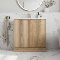 Affine Fluted 800mm Bathroom Vanity Unit Basin Floorstanding Cupboard Soft Close Oak - thumbnail 1