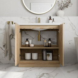Affine Fluted 800mm Bathroom Vanity Unit Basin Floorstanding Cupboard Soft Close Oak - thumbnail 3