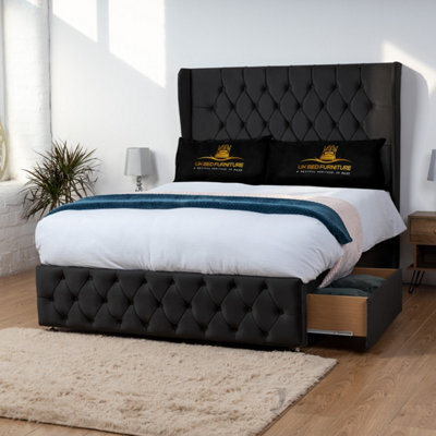 UKBEDFURNITURE Luxor Black Plush Wingback Divan Bed With 2 Foot End Drawers & 54 Inch Headboard - image 1