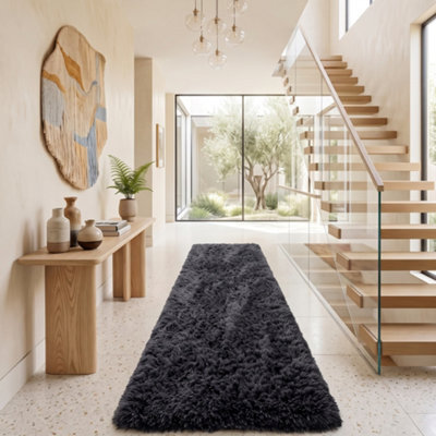 Oxford Homeware Shaggy Rug Anti-Slip Washable Soft Fluffy Living Room And Bedroom Rug (Black, 80X150Cm) - image 1