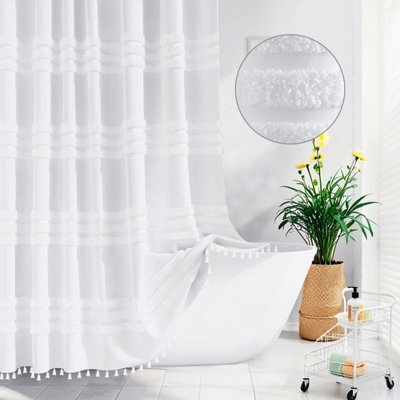 INHOUSOLU HOME DÉCOR Inhousolu Home Decor Stylish Woven Shower Curtain 256Gsm Boho Tufted Striped Waterproof - image 1