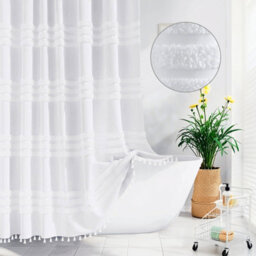 INHOUSOLU HOME DÉCOR Inhousolu Home Decor Stylish Woven Shower Curtain 256Gsm Boho Tufted Striped Waterproof - thumbnail 1