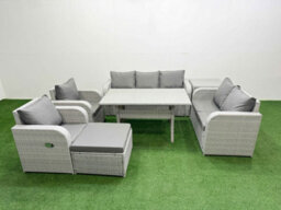 Fimous Pe Rattan Garden Furniture Set Reclining Chair Sofa Double Love Seat 2 Seater Sofa Lounge Set Big Footstool Side Table - thumbnail 1